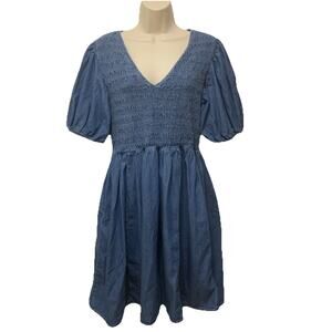 Gap Denim Puff Sleeve Mini Dress Large Smocked Cotton Fit Flare Cottagecore